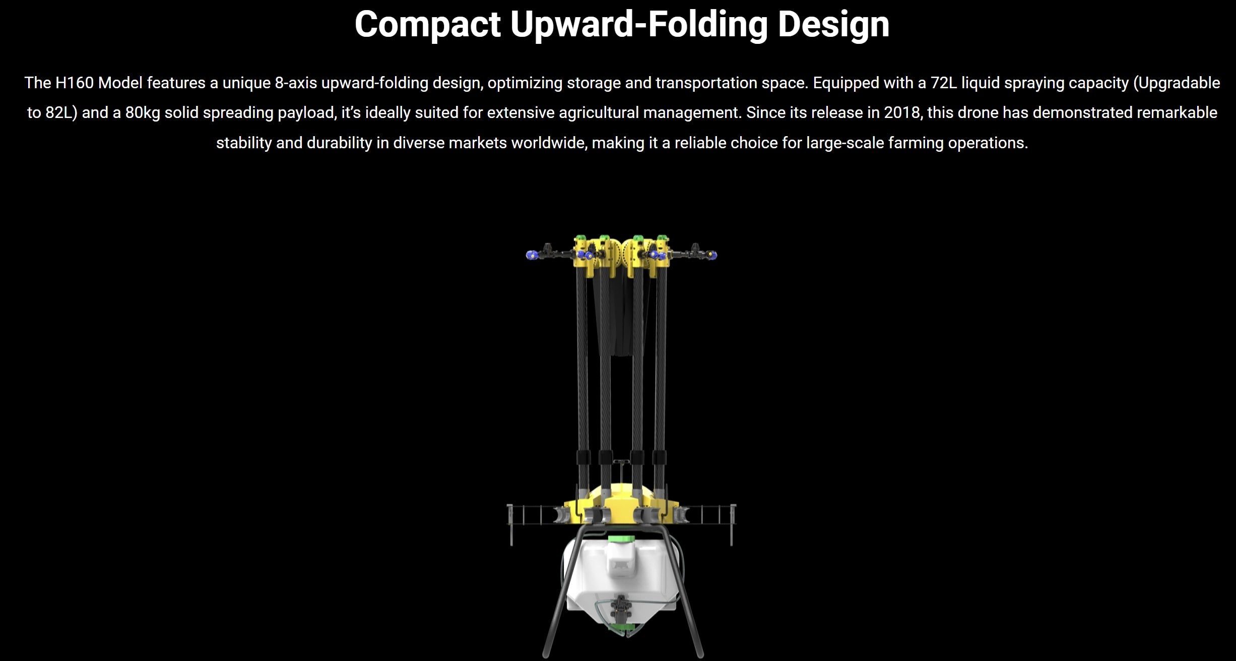 H160 Landwirtschaftsdrohne – 8 Achsen 72L 82L Spray / 80KG Spread X8 Motor Skydroid H12 14S 42000mAh Batterie Agri Drone 7 H160 Agricultural Drone, H160 model features 8-axis upward-folding design, optimizing storage and transportation