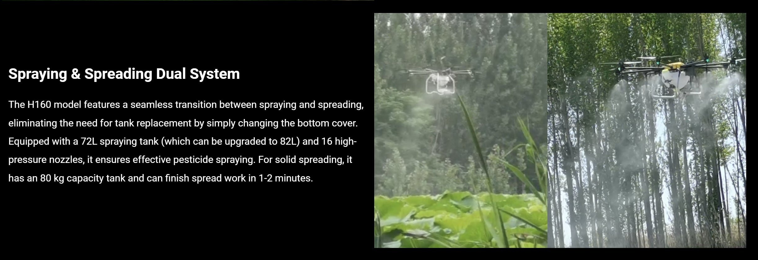 H160 Landwirtschaftsdrohne – 8 Achsen 72L 82L Spray / 80KG Spread X8 Motor Skydroid H12 14S 42000mAh Batterie Agri Drone 12 H160 Agricultural Drone, the H160 model features a seamless transition between spraying and spreading . it has
