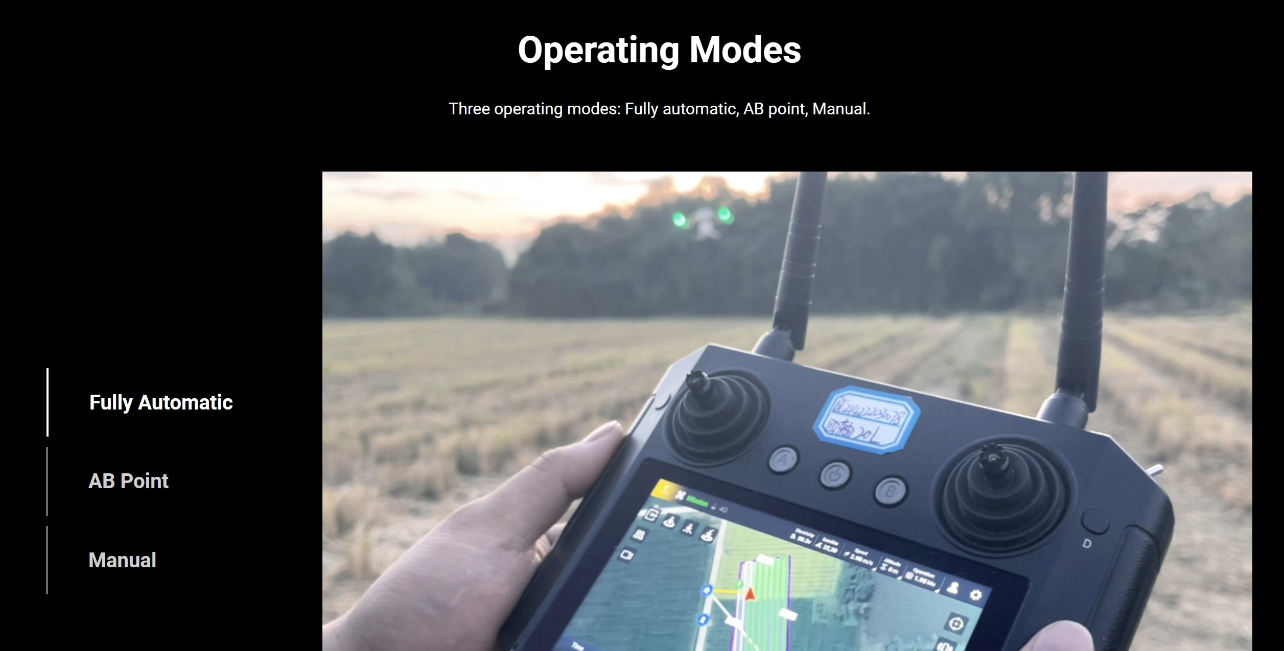 H160 Landwirtschaftsdrohne – 8 Achsen 72L 82L Spray / 80KG Spread X8 Motor Skydroid H12 14S 42000mAh Batterie Agri Drone 16 H160 Agricultural Drone, Operating Modes Three operating modes: Fully automatic, AB point; Manual: Fully Automatic
