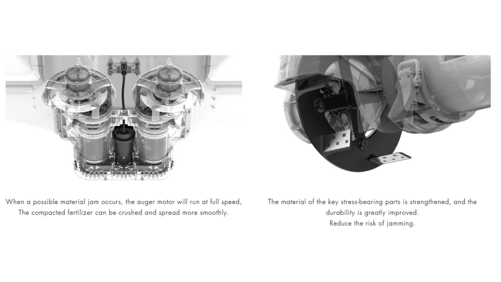 XAG P100 PRO 50L Agriculture Drone, when possible material jam occurs, the auger motor will run at full speed . the material