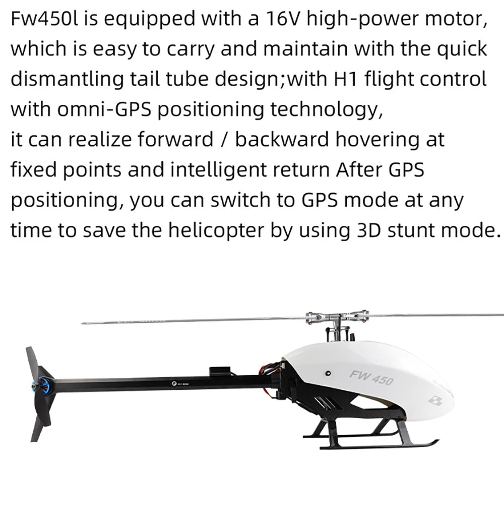 Fly Wing FW450L V2.5 RC Hubschrauber – Fernbedienung RTF FBL 3D GPS APP Automatische Rückkehr mit H1 Flugsteuerungssystem 6CH Hubschrauber für Erwachsene 35 Fly Wing FW450L V2.5 RC Helicopters, FW 450l is equipped with a 16V high-power motor, which is