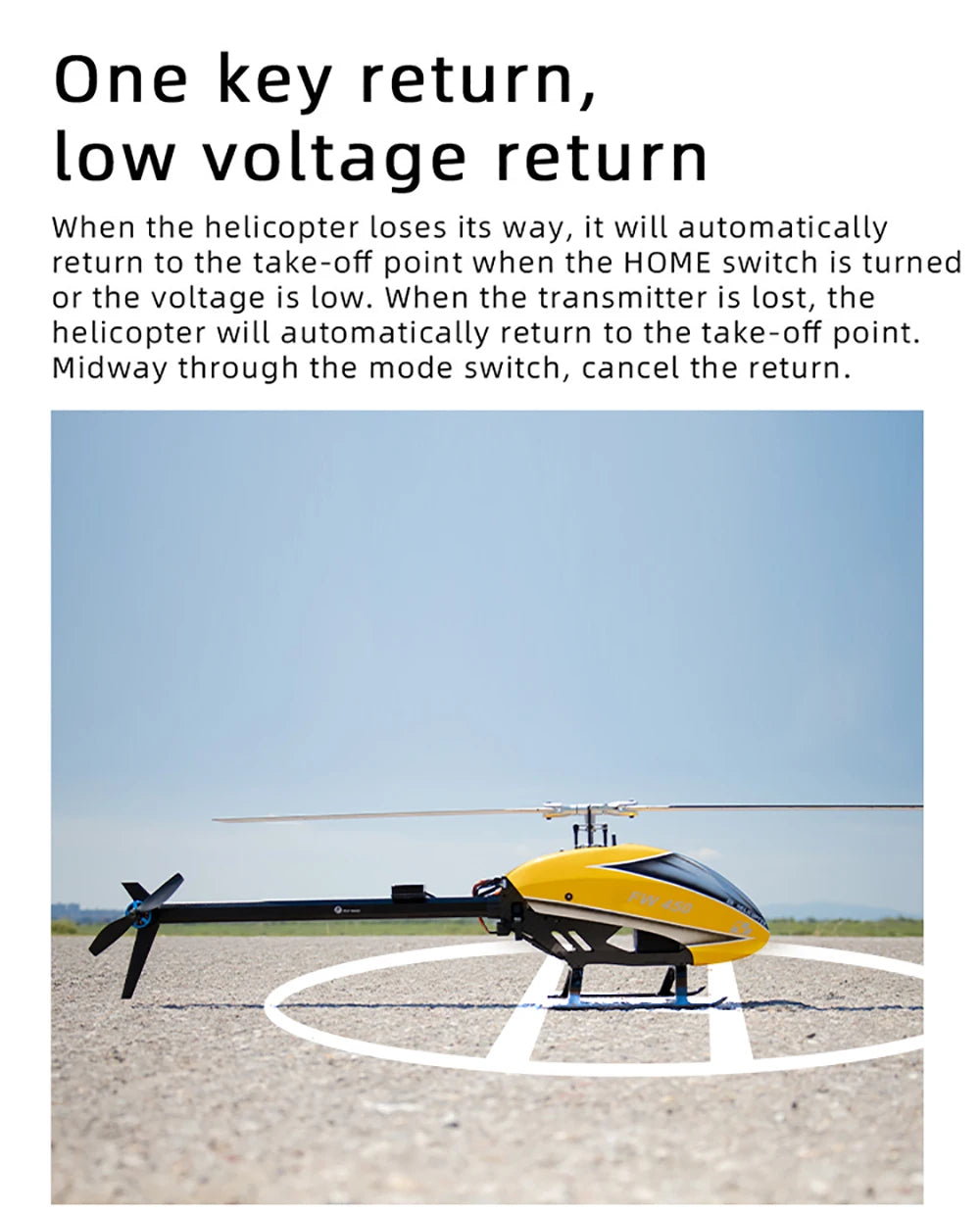 Fly Wing FW450L V2.5 RC Hubschrauber – Fernbedienung RTF FBL 3D GPS APP Automatische Rückkehr mit H1 Flugsteuerungssystem 6CH Hubschrauber für Erwachsene 42 Fly Wing FW450L V2.5 RC Helicopters, when the transmitter is lost, the helicopter will automatically return to the take-off point .