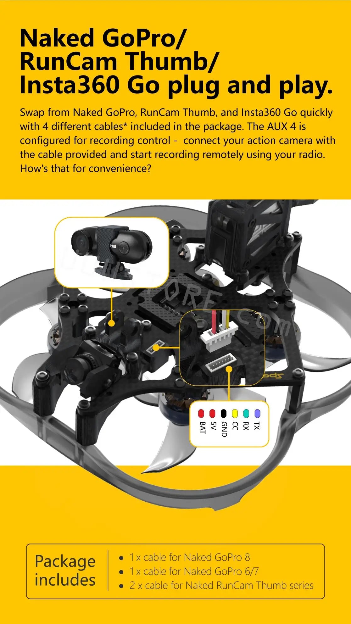 SpeedyBee Flex25 - HD 78mm F7 35A AIO 4S 2,5 Zoll CineWhoop RC FPV Racing Drone BNF mit Runcam Falcon 120fps Digitalkamera Spielzeug 9 SpeedyBee Flex25, the AUX 4 is configured for recording control connect your action camera with the cable provided and