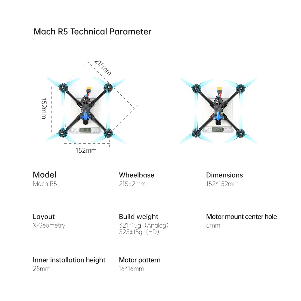 iFlight Mach R5 HD FPV Drone, Mach R5 Technical Parameter 1 8o 3oge 152mm Model Wheelbase Dimension