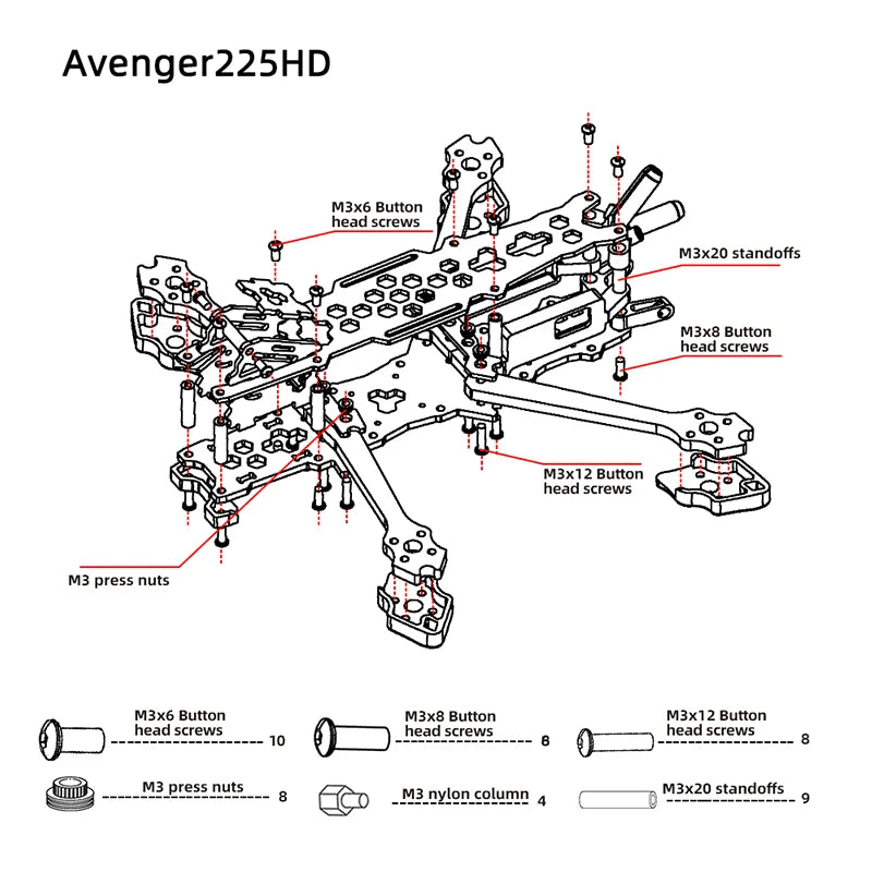 TCMMRC Avenger 225 HD - DSHOT600 Bürstenloser Motor PNP/RTF 5 Zoll Quadcopter FPV Racing Drone RC Kit Geschenke für das neue Jahr 2023 15 TCMMRC Avenger 225 HD, Mz_press nyts M3 M3x2O standoffs