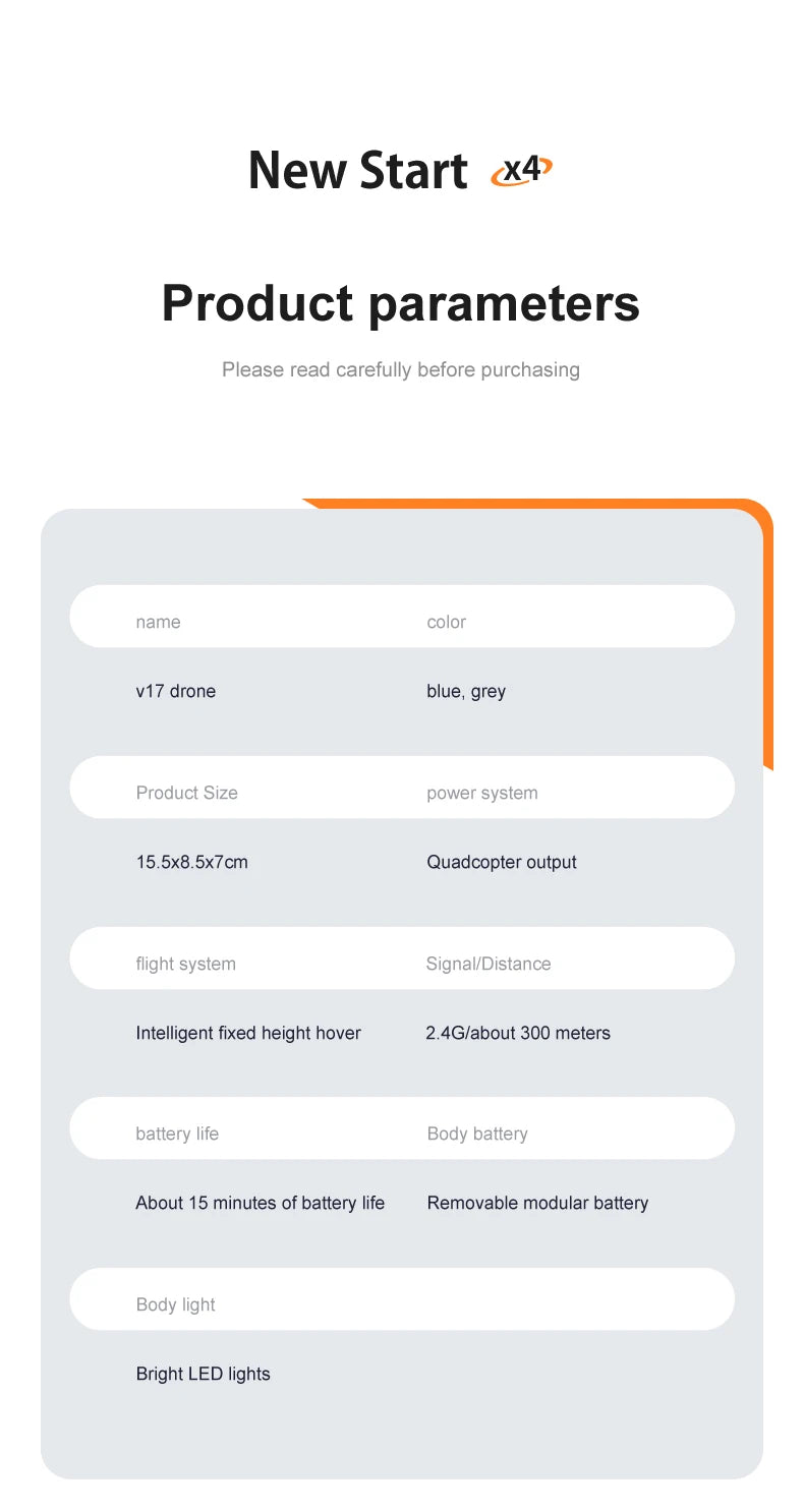 New Start X4 Product parameters Please read carefully before purchasing name color V17 drone blue,