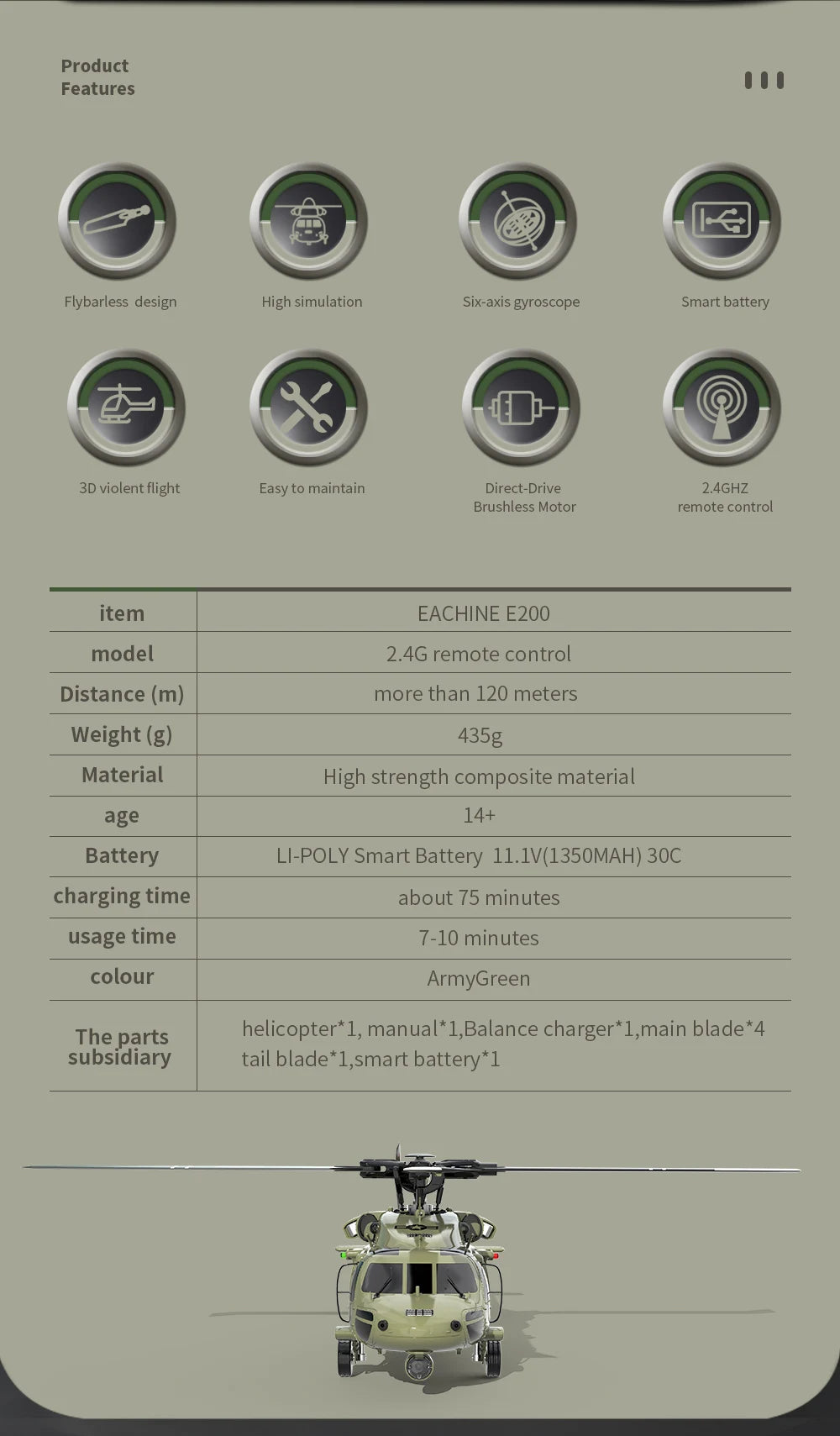 Eachine E200  RC Helicopter, EACHINE E2OO model 2.46 remote control Distance (m) more than 120 meters