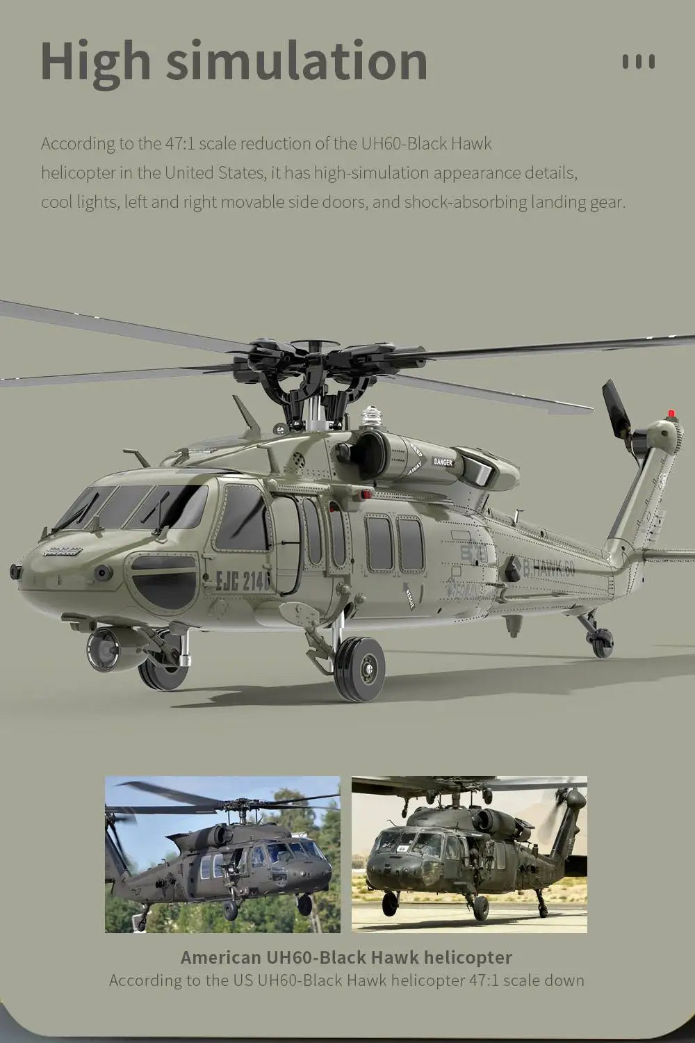 Eachine E200  RC Helicopter, high-simulation appearance details include cool lights, left and right movable side doors