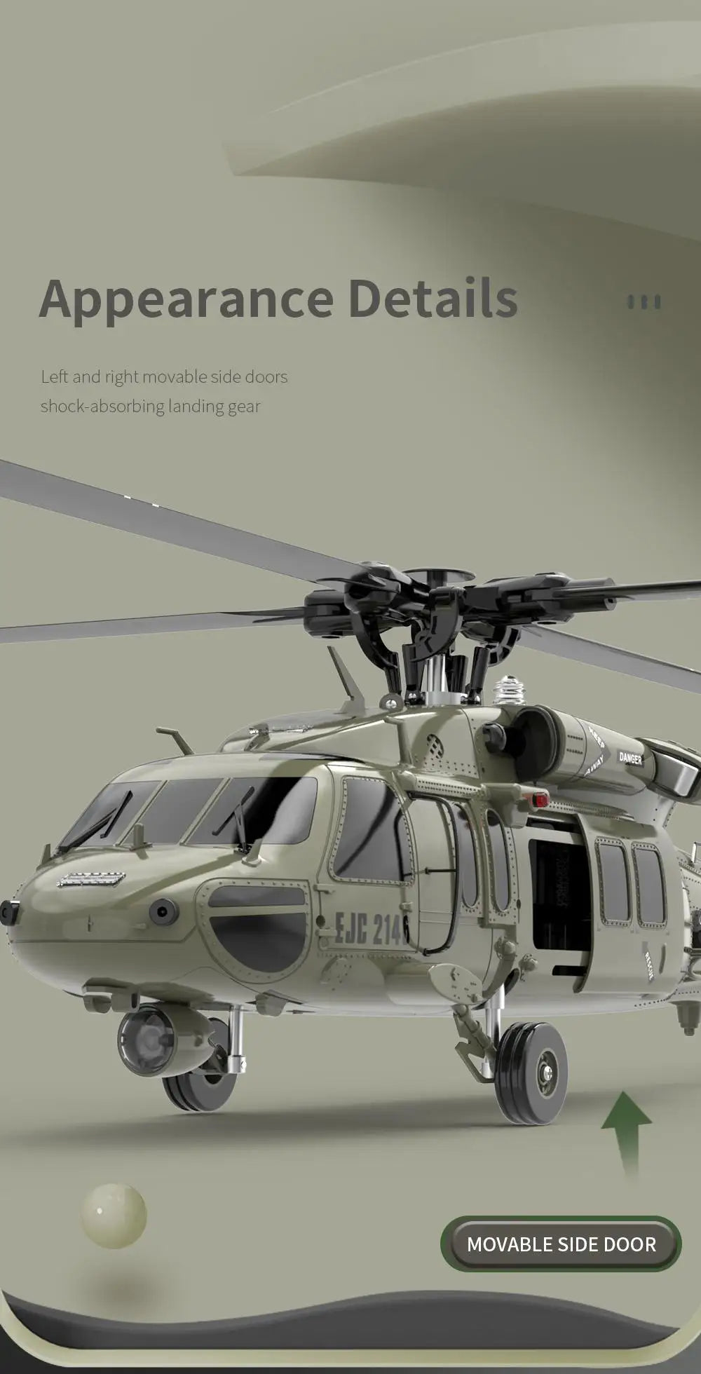Eachine E200  RC Helicopter, Appearance Details Left and right movable side doors shock-absorbing landing gear EJ