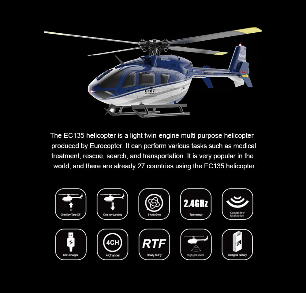 RC ERA C187 Rc-Hubschrauber – 2,4 G 4-Kanal-Einzelblatt-EC-135-Maßstab, 6-Achsen-Gyro-Elektro-Flybarless-RC-Fernbedienungshubschrauber RTF VS Eachine E120 19 RC ERA C187 Rc Helicopter, the EC135 helicopter is a light twin-engine multi-purpose helicopter .