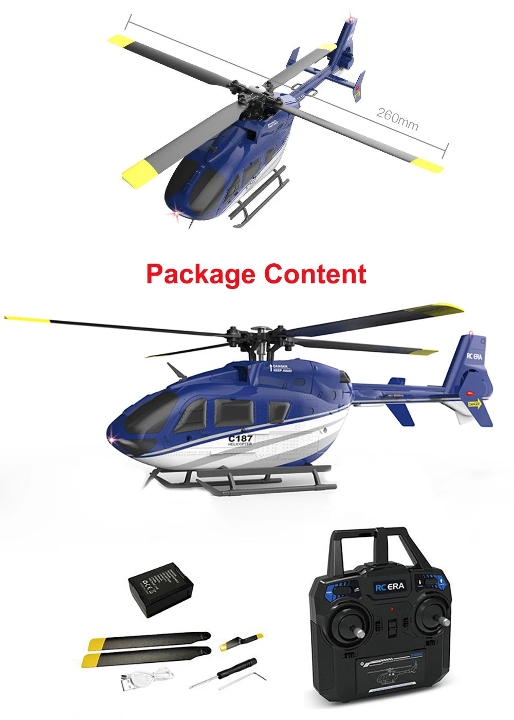 RC ERA C187 Rc-Hubschrauber – 2,4 G 4-Kanal-Einzelblatt-EC-135-Maßstab, 6-Achsen-Gyro-Elektro-Flybarless-RC-Fernbedienungshubschrauber RTF VS Eachine E120 27 RC ERA C187 Rc Helicopter, Package Contents Rce "C187 RC ERA 260mm 9580