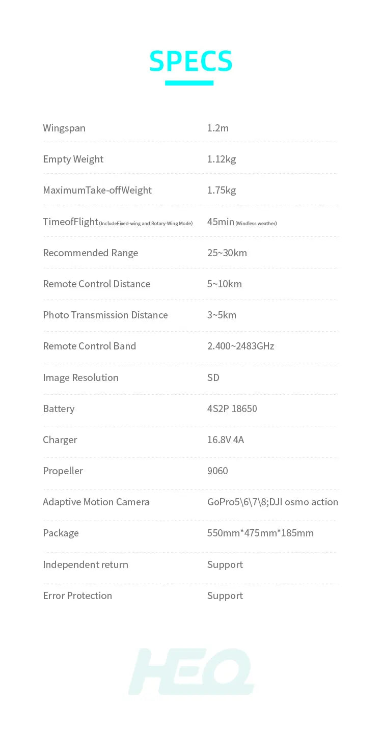Swan K1 PRO VTOL Fixed Wing Drone, SPECS Wingspan 1.2m Empty Weight MaximumTake-offWeight