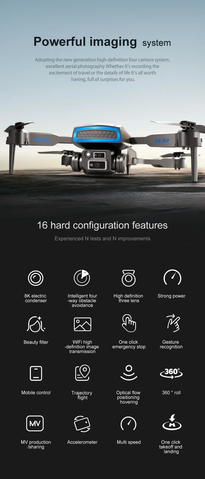 S8 Air  Drone, 58 air 16 hard configuration features experienced n tests and n
