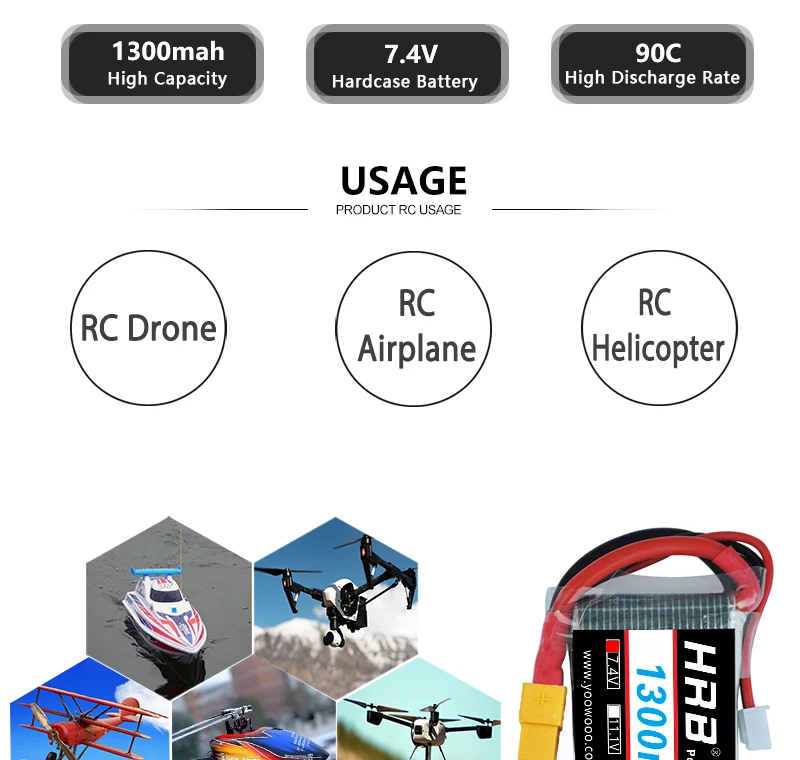 1300mah 7.4V 90C High Capacity Hardcase Battery High Dis