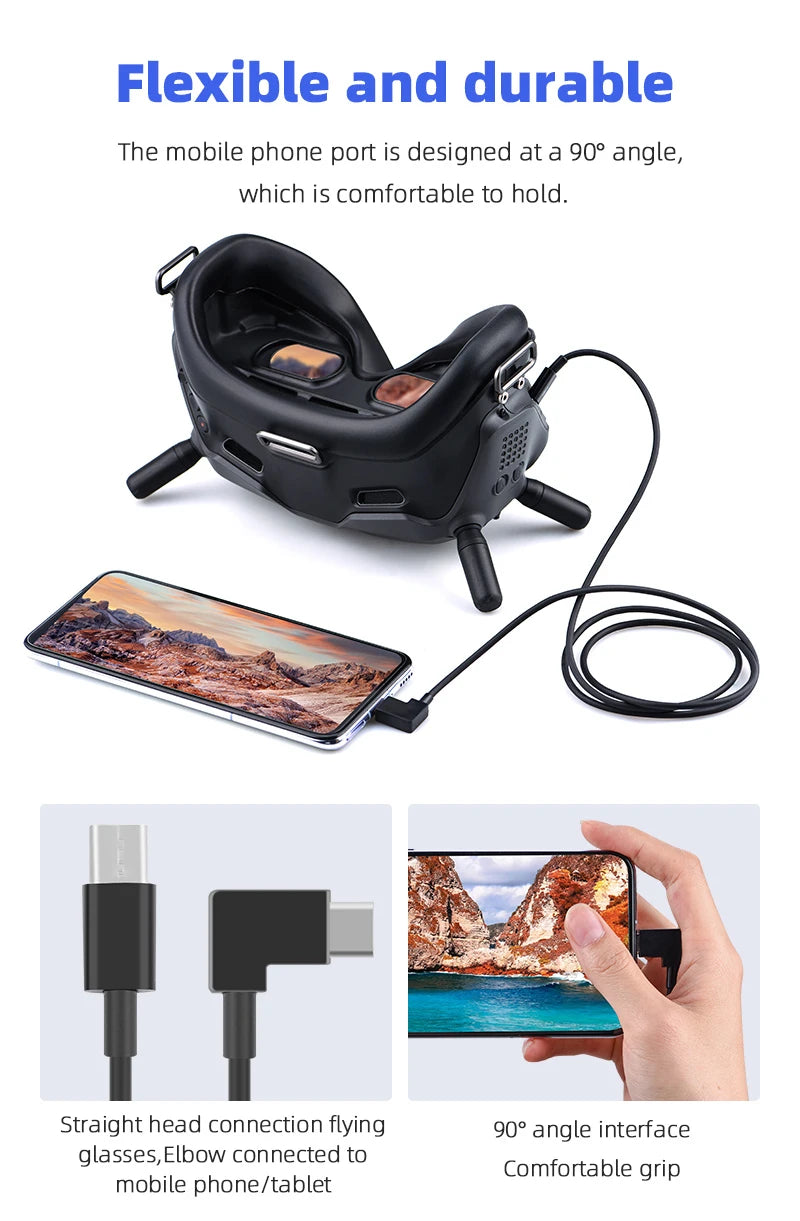 1m Data Cable for DJI FPV Goggles V2, mobile phone port is designed at a 909 angle, which is comfortable to hold .