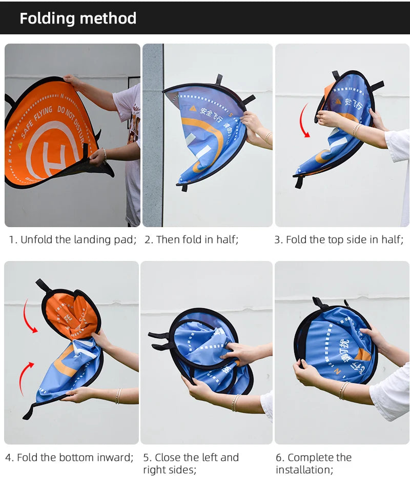 landing pad folds in half; top side in half, bottom inward; left and 6