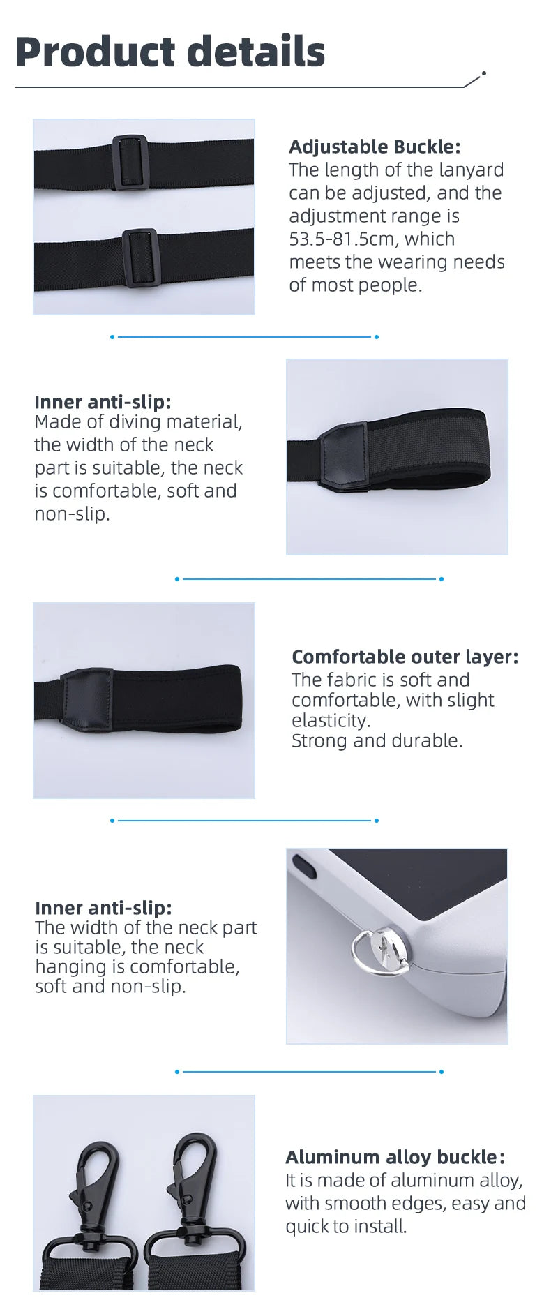 Remote Controller Lanyard Neck Strap, the length of the lanyard can be adjusted, and the adjustment range is 53.5-