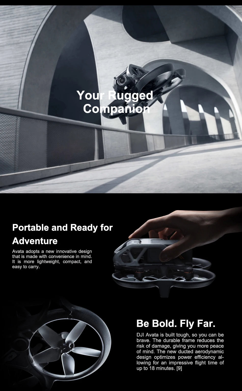 DJI Avata FPV Drone, ducted aerodynamic design optimizes power efficiency al- lowing for an impressive flight time of