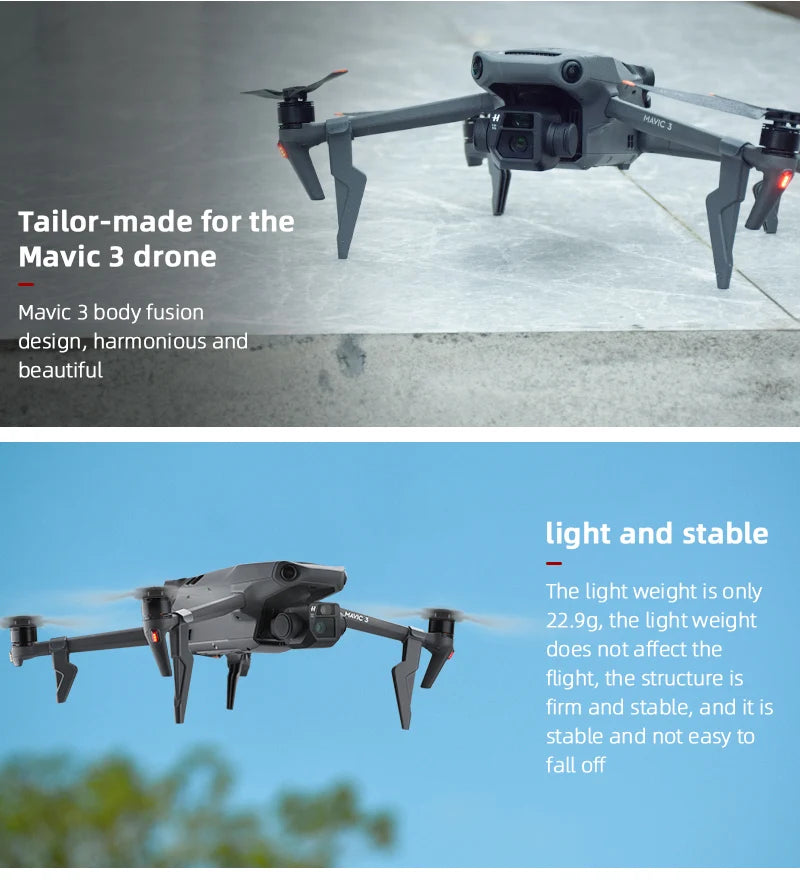معدات الهبوط سريعة الإصدار لـ DJI Mavic 3/3 الكلاسيكية بدون طيار ارتفاع موسع الساق سوبورت قدم طويلة لـ DJI Mavic 3 ملحقات طائرة بدون طيار 11 Quick Release Landing Gear, the light weight is only 22.9g,the structure is firm and stable; and it is