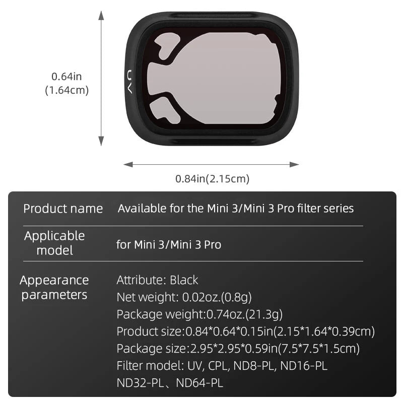 مرشح عدسة الكاميرا لـ DJI Mini 3 Pro - UV CPL ND8PL ND16PL ND32PL ND64PL مجموعة مرشحات لملحقات Mavic Mini 3 Pro بدون طيار 18 Camera Lens Filter for DJI Mini 3 Pro, 0.0202. (0.8g) Package weight:0.7402.(21.3g)
