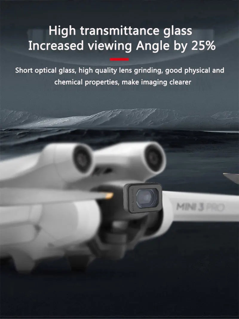مرشح عدسة واسع الزاوية لـ DJI Mini 3 Pro - مرشح خارجي للتصوير بشاشة عريضة معززة عالية الوضوح ملحقات الطائرة بدون طيار 13 Wide-Angle lens Filter for DJI Mini 3 Pro, High transmittance glass Increased viewing angle by 25% Short optical glass, high quality lens grinding