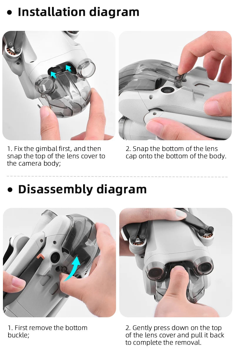 غطاء أغطية العدسات لطائرة DJI Mini 3 Pro Drone - ملحقات الكاميرا الواقية المقاومة للغبار والغبار 19 Lens Caps Cover for DJI Mini 3 Pro Drone, disassembly diagram 1. Fix the gimbal first, and then 2.
