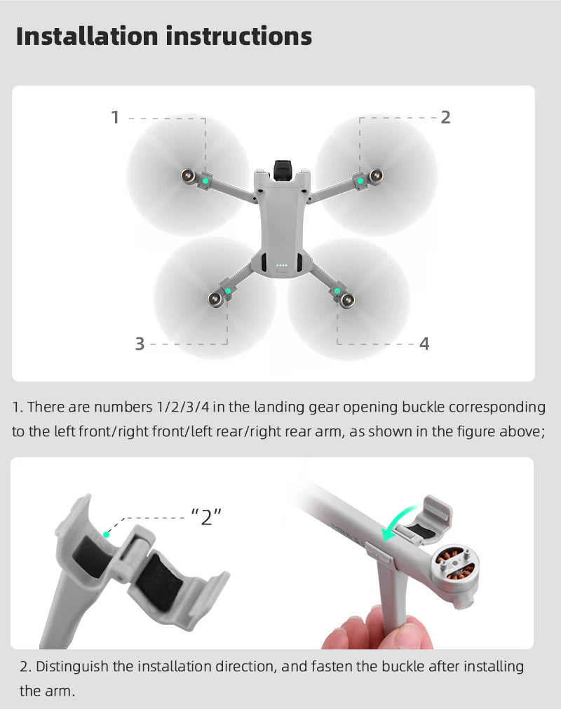 Landing Gear Kits for DJI Mini 3 Pro Drone, 1 1/2/3/4in the landing gear opening buckle corresponding to the left front/right front