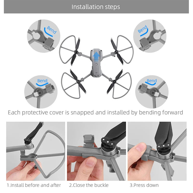 Propeller Guard for DJI Mavic Air 2/2S Drone Protective Cover for mavic air2/Mavic Air 2S Accessories with Foldable Landing Gear 16 Propeller Guard, Installation steps Bend Bend Each protective cover is snapped and installed by bending forward 1.Close