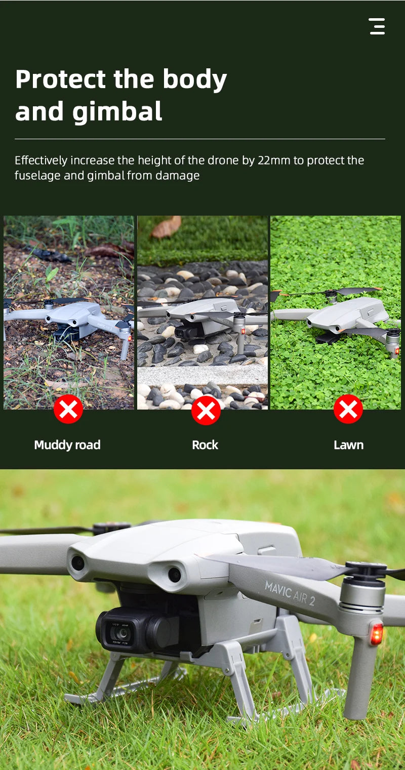 Extensions Landing Gear, increase the height of the drone by 22mm to protect the fuselage and gimbal
