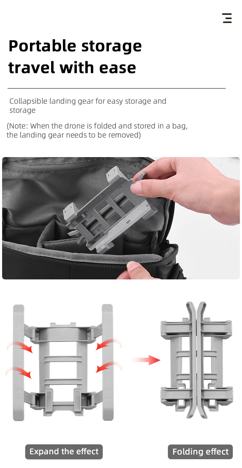 Extensions Landing Gear, the landing gear needs to be removed when the drone is folded and stored in a the landing