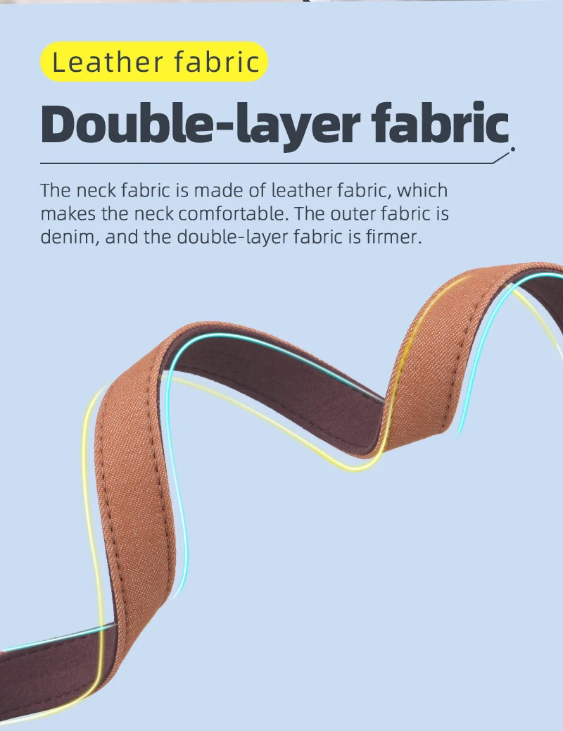 Lanyard/Strap, leather fabric The neck fabric is made of leather fabric . the outer fabric is denim,
