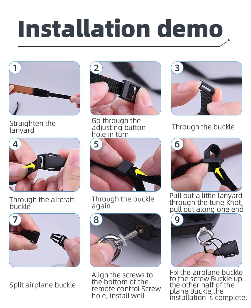 Lanyard/Strap, installation demo Straighten the Go through the lanyard adjusting button through the buckle hole in