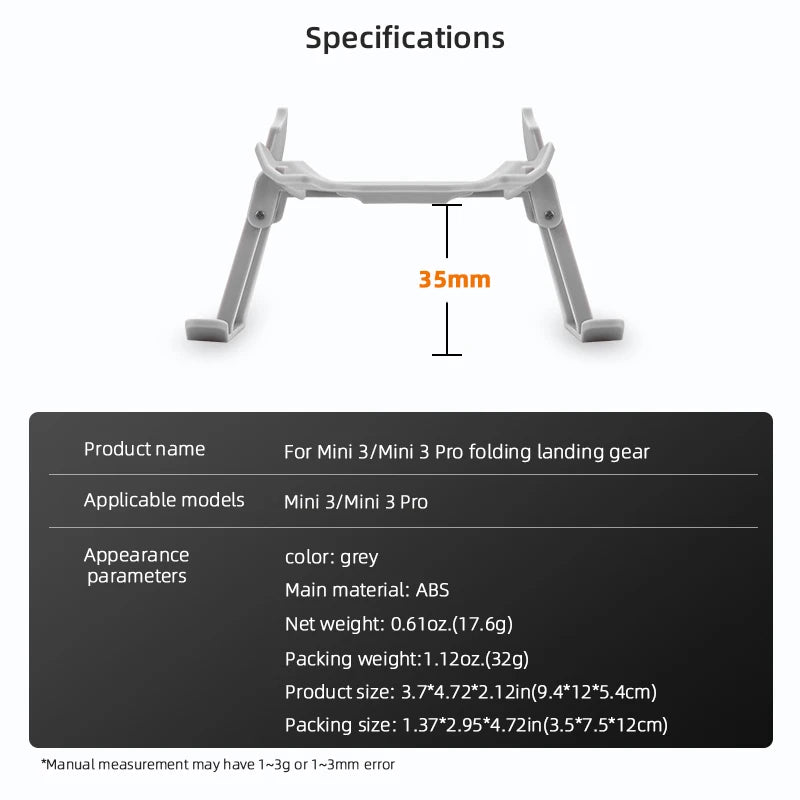 Foldable Landing Gear, Specifications 35mm Product name For Mini 3/Mini 3 Pro folding landing gear Applic