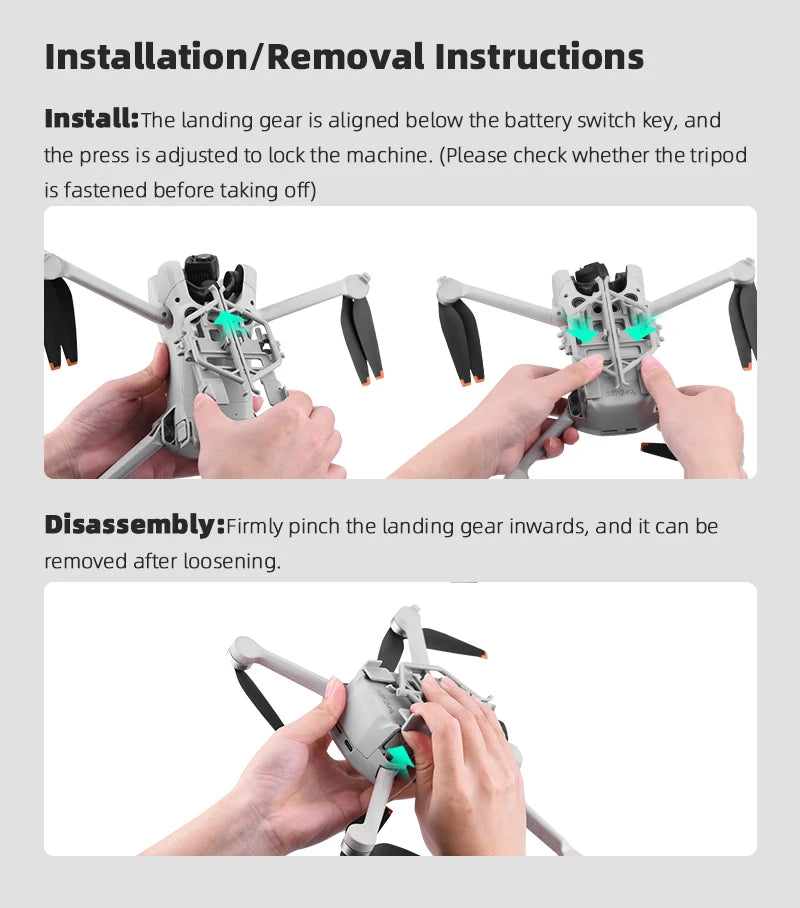 Landing Gear for DJI MINI 3 Pro, landing gear is aligned below the battery switch key, and the press is adjusted to lock