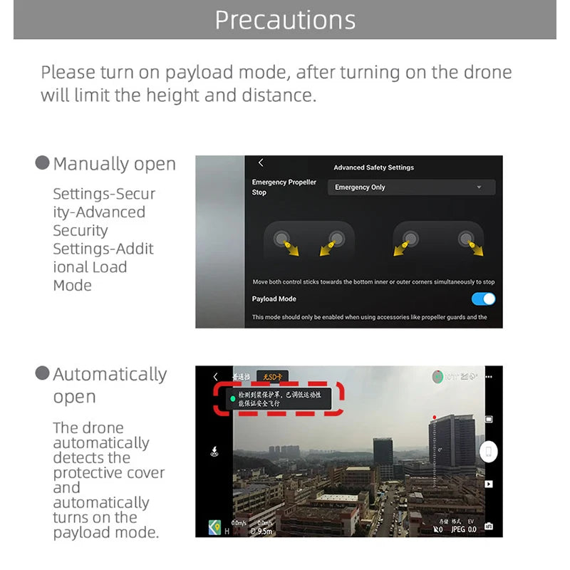 Propeller Protector Guard, the drone automatically detects the protective cover and automatically turns on the domp payload mode 