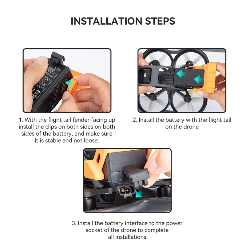 Flight Tail for DJI Avata, install the battery with the flight tail fender facing up . install the clips on both