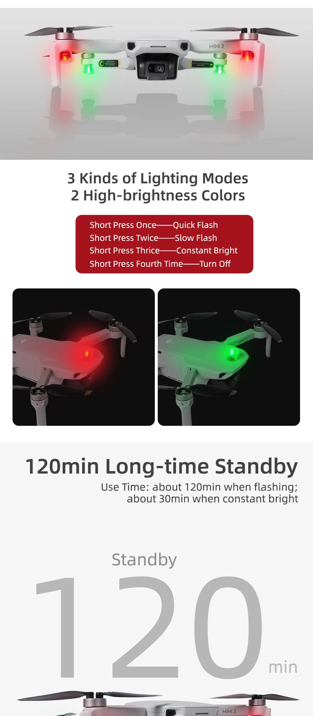MINI 2 3 Kinds of Lighting Modes 2 High-brightness Colors Short Press