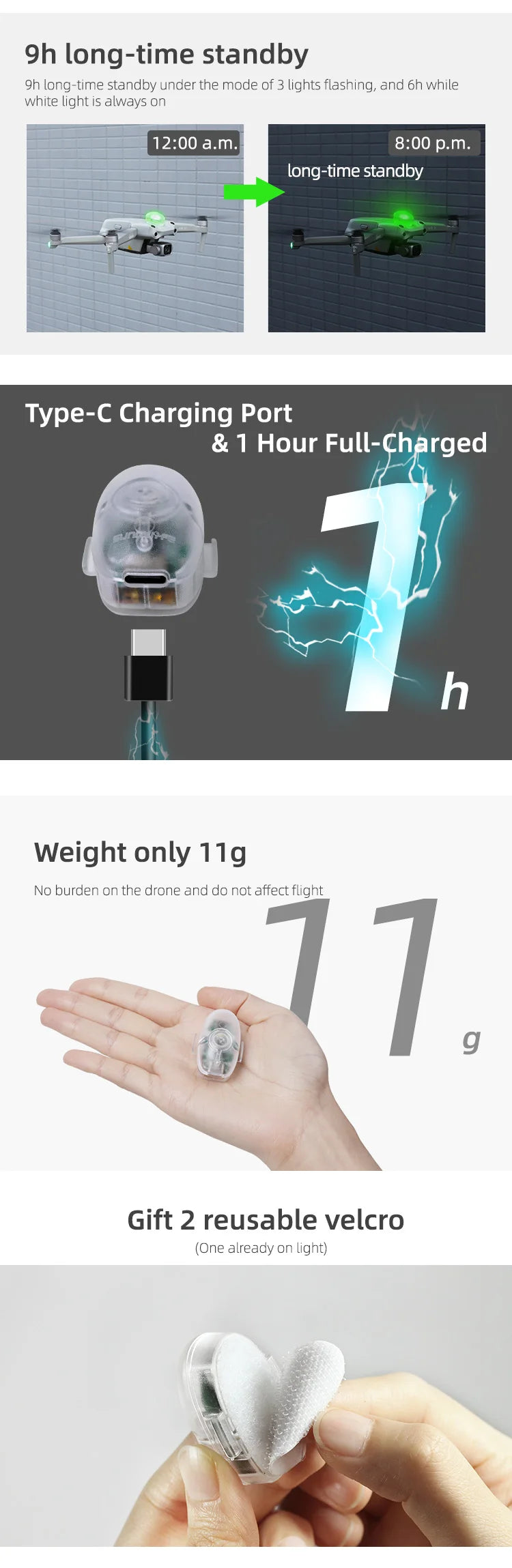 9h long-time standby under the mode of 3 lights flashing, and 6h