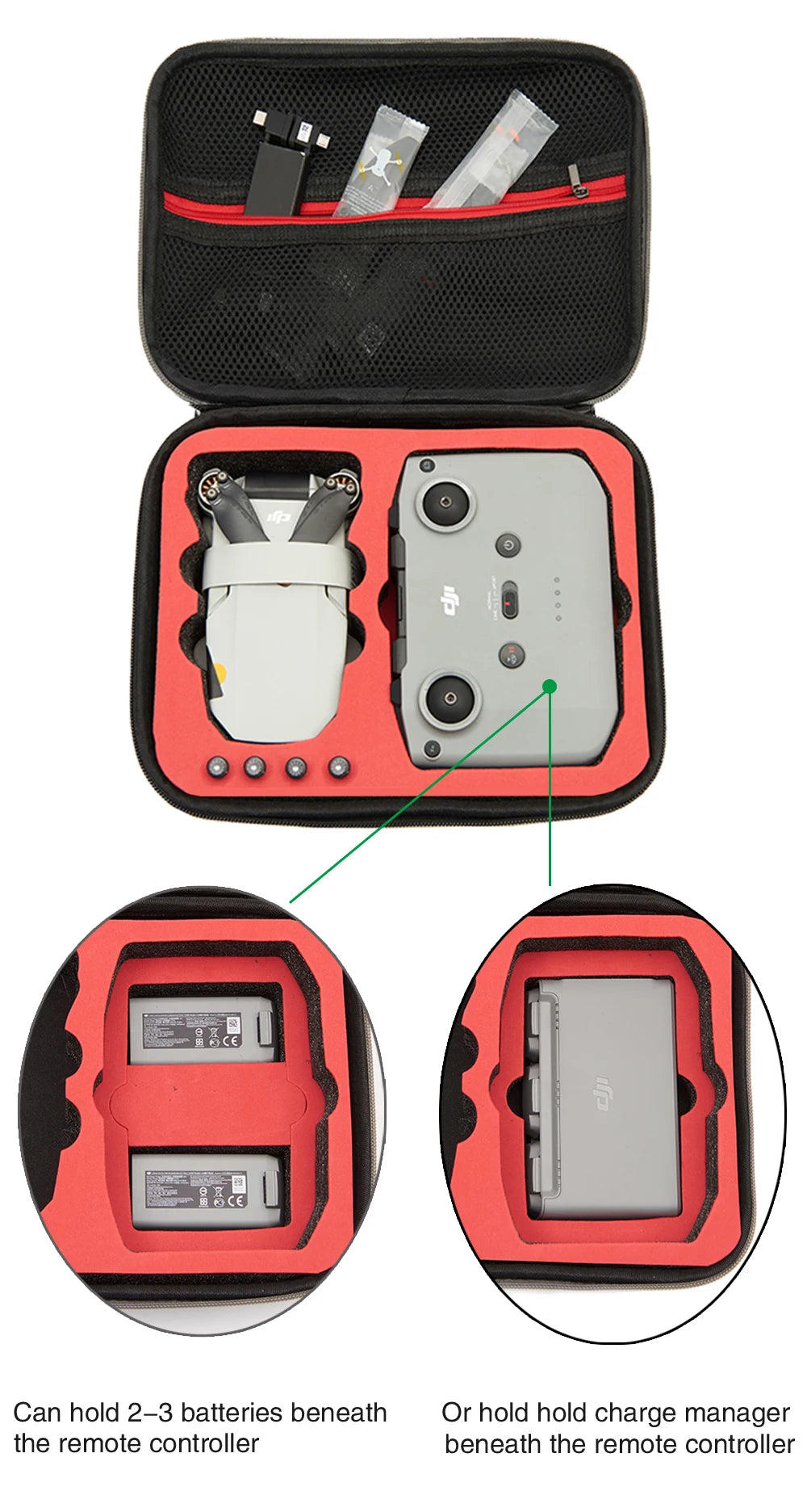 6c6 8 3a Can hold 2-3 batteries beneath or hold charge manager the remote controller beneath