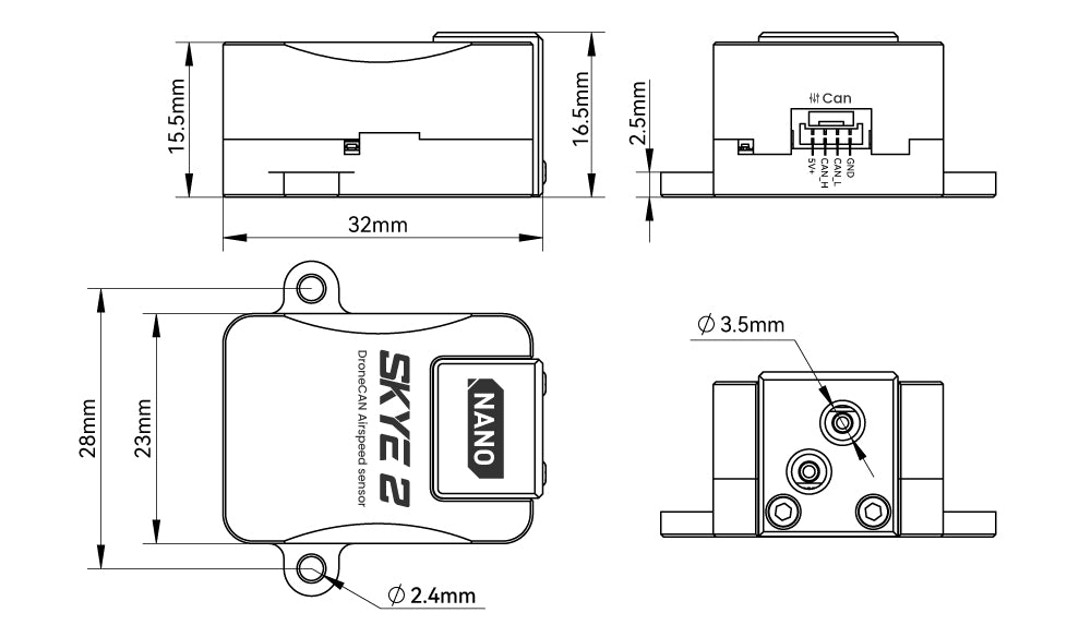CUAV SKYE2 Nano AirSpeed Sensor, High-Precision Airspeed Readings: Accurate measurements up to 226.8km/h with 1% error margin.