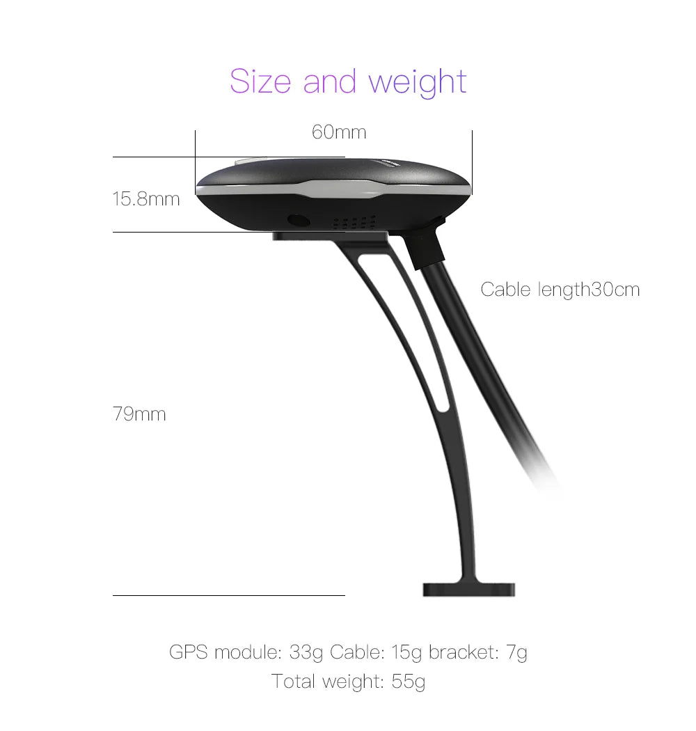 Size and weight 6Omm 15.8mm Cable length3Ocm 79mm GPS