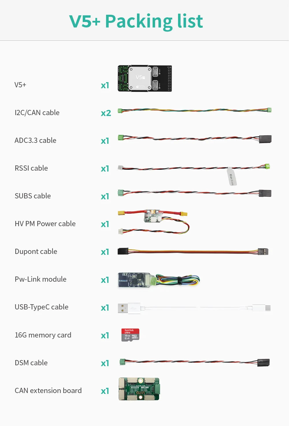 طائرة بدون طيار CUAV جديدة بدون طيار FPV V5 + الطيار الآلي Pixhawk وحدة تحكم في الطيران مع وحدة ليدار رادار TF Luna 26 Packing list VS_ VS+ xl I2C/CAN cable