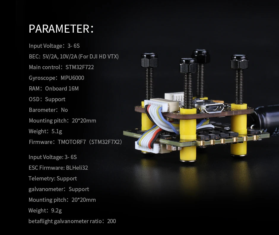 Main control: STM3ZF722 Gyroscope: MPU6O