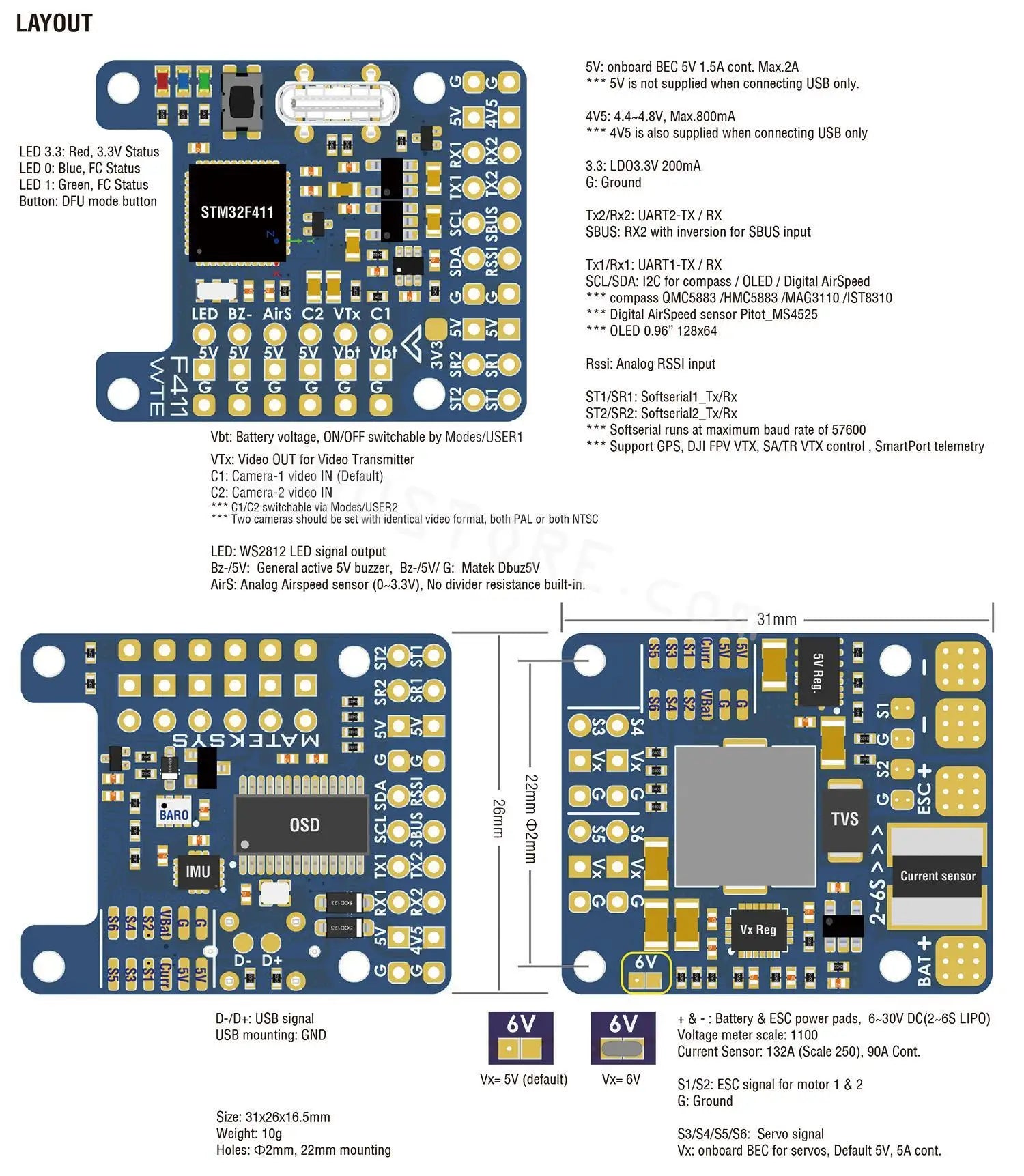 Matek F411-WTE Flight Control With OSD / Racing FPV Quadcopter Flight Control For Racing Traversing Machine / Rc Drone Parts 11 LAYOUT 5V: onboard BEC for servos, Default 5