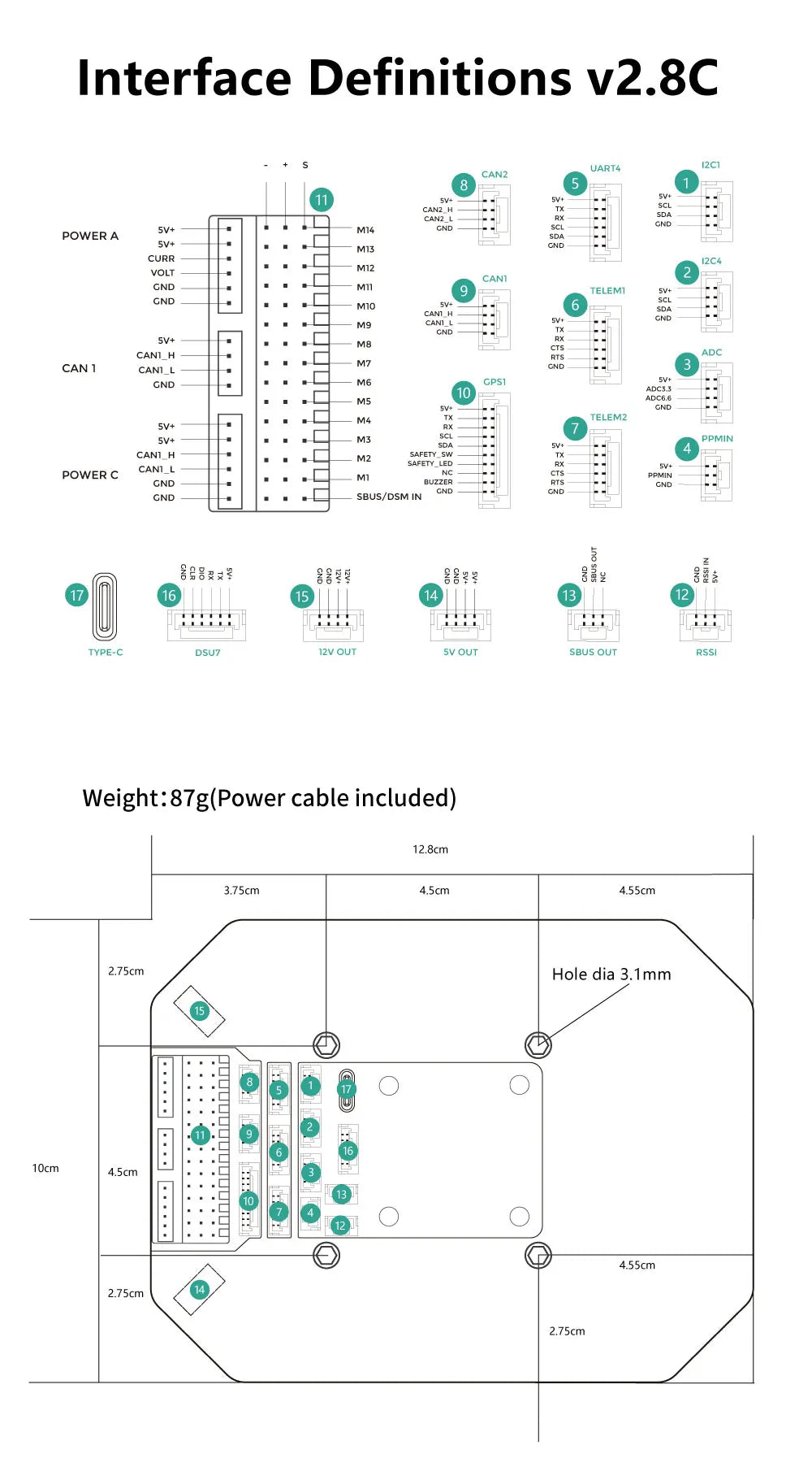CUAV New CAN PDB Carrier Board, SV+ OUT SBUS OUT RssI Weight:87g(Power cable