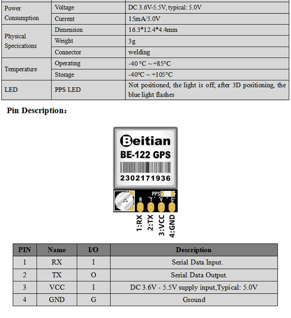 Beitian UBX-M10050 Wearable Flight Controller, 3.6V-5.SV; typical: 5.0V Consumption Current 1Sm