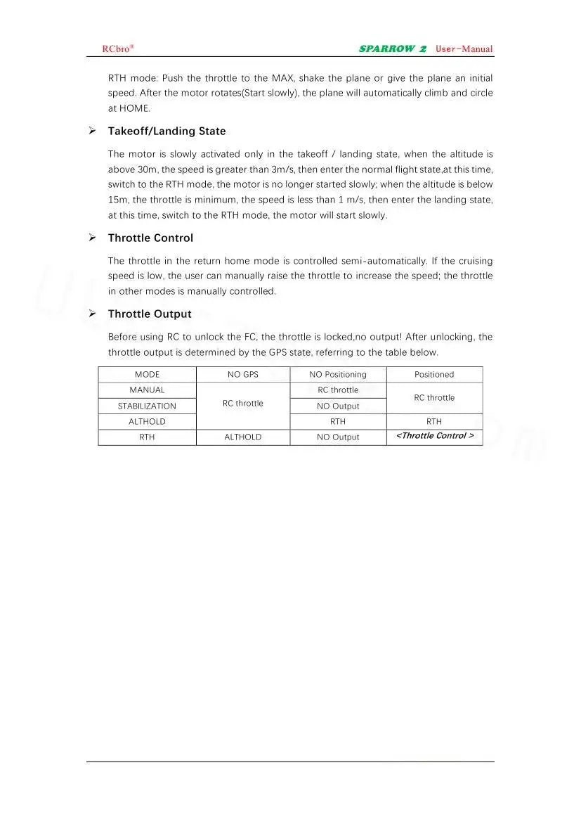 RCbro" SPARROW user manual: RTH mode; push the throl