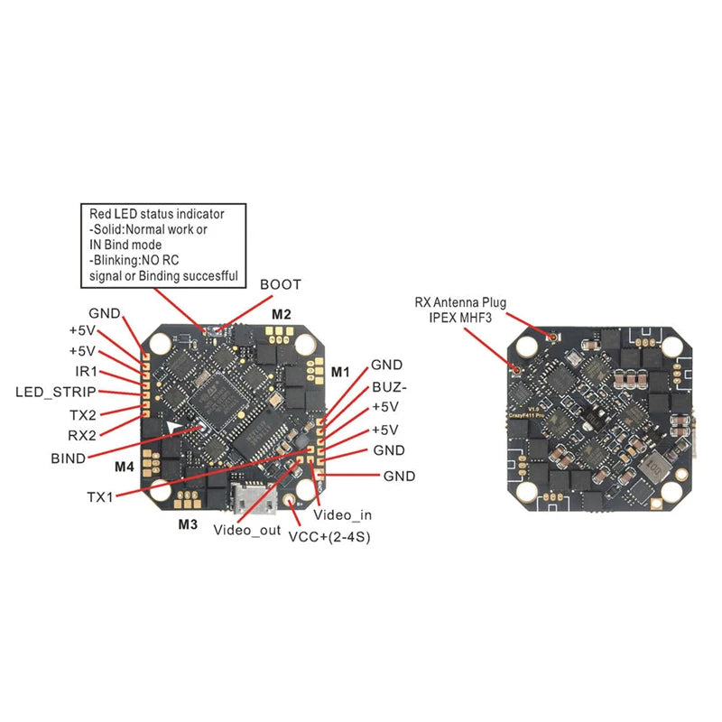 Happymodel CrazyF411 AIO, Solid:Normal work Or IN Bind mode Blinking: