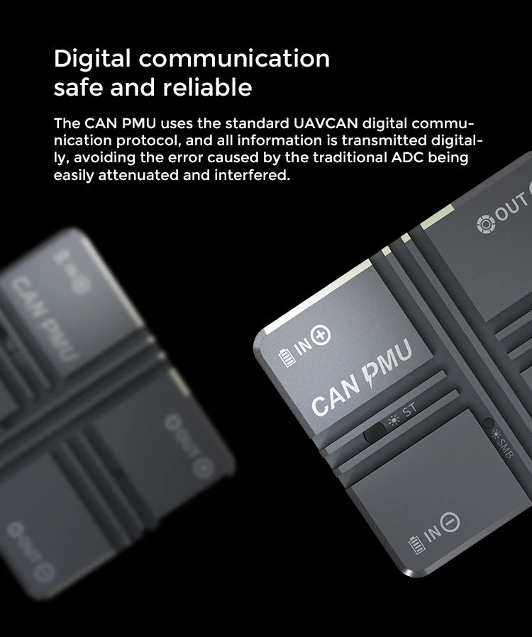 Cuav Can Pmu, CAN PMU uses the standard UAVCAN digital commu- nication