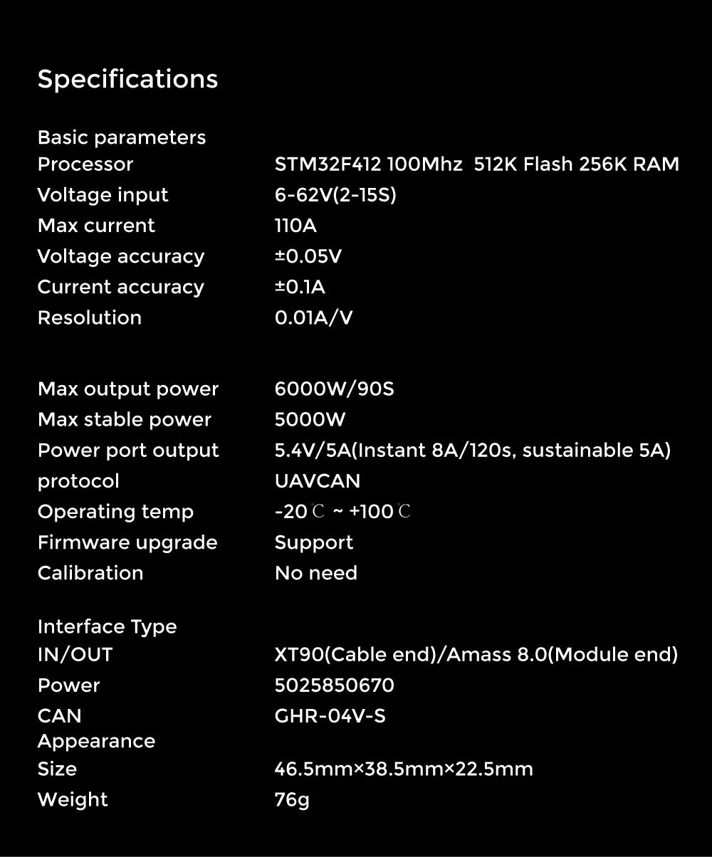 Cuav Can Pmu, Specifications Basic parameters Processor STM3ZF4I2 IOOMhz